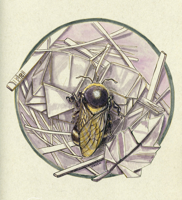 Bumblebee sitting in its nest. The leaves and honeypots are made of origami, surround by litter made of shredded paper.
