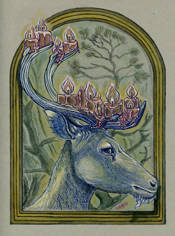 Antler-browed deer supporting candles on its rack, leaning though a picture frame. There is a forest in soft focus in the background.