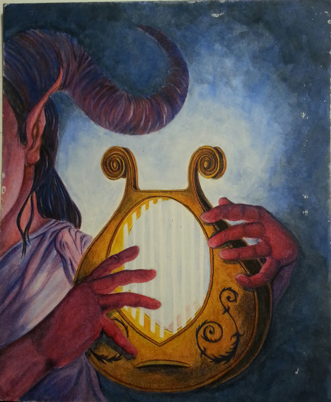Tiefling bard plays a magic harp in a dark space, the only light from the glowing strings.
