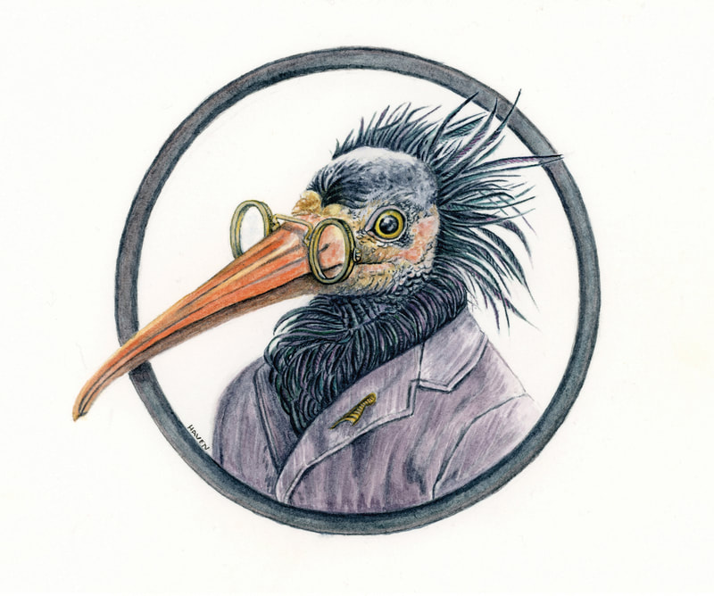 A person with the head of a bald ibis wearing a grey Victorian suit and a pince-nez. His lapel pin is the feather of Maat.