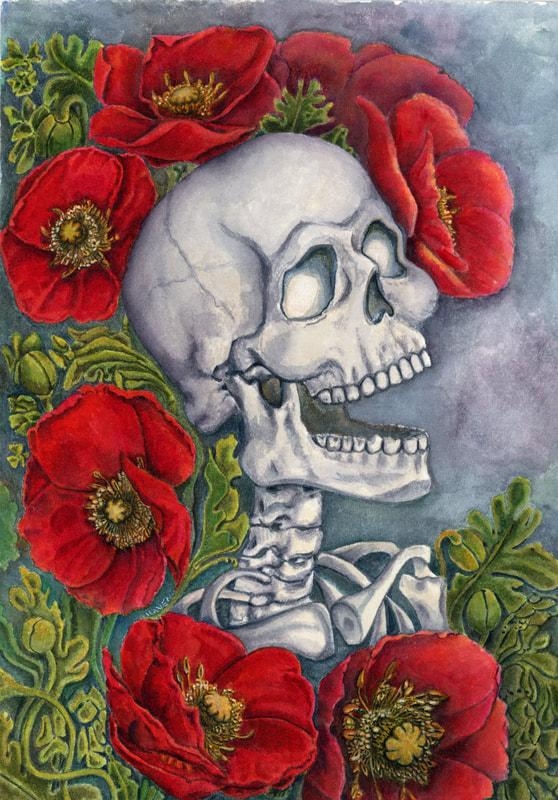 A skeleton with glowing orbits tucked among lush, red poppies.