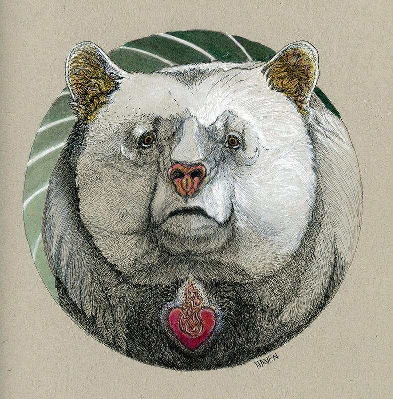 White bear on swirled background with a flaming heart nestled in its chest fur.